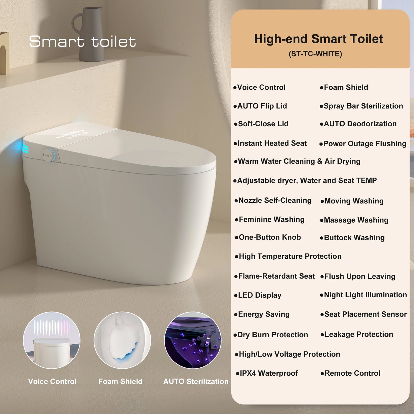Smart Toilet With Built In Bidet AutoOpenClose Heated Seat