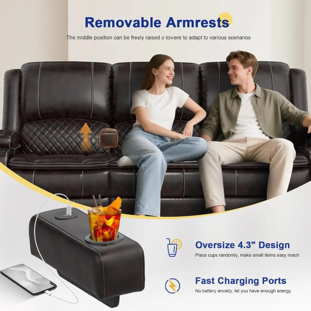 3 Seater Recliner Sofa with Liftable Console, USB Ports & Cup Holders, Manual PU Leather for Living Room/RV
