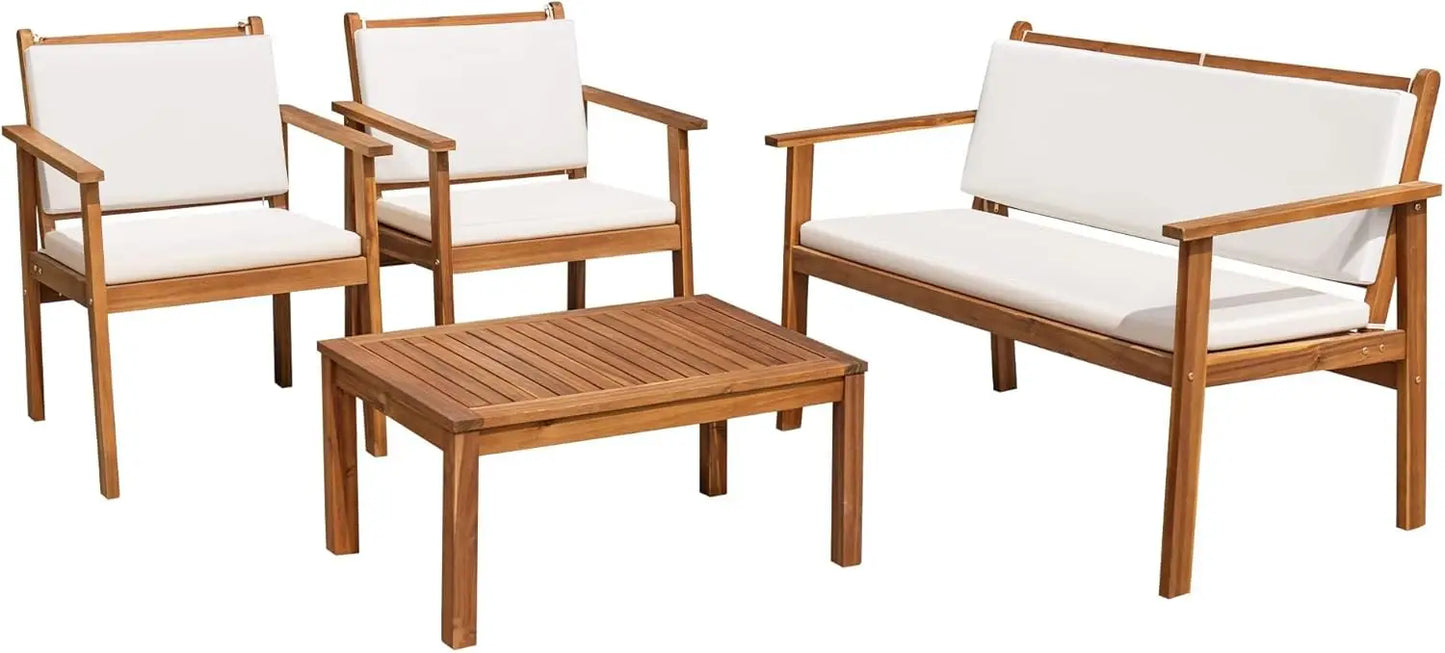 Patio Chairs 3 Piece Acacia Wood Outdoor Conversation Set Coffee Table Cushions
