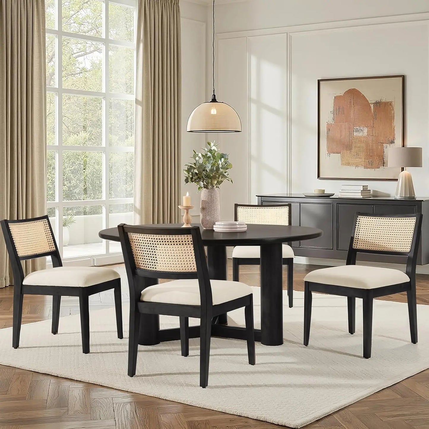 Rattan Dining Chairs Set of 4 With Curved Back Upholstered
