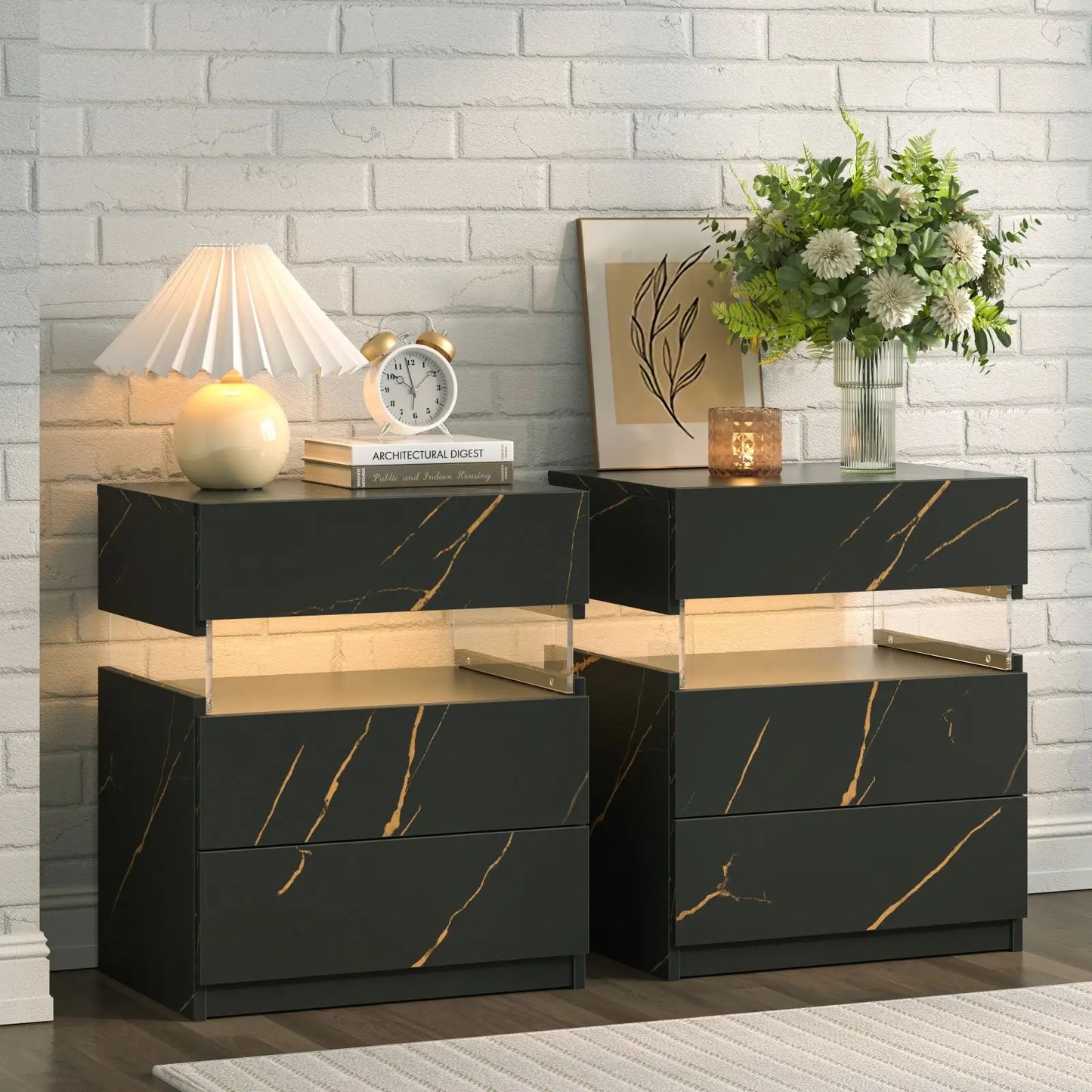 Cubehom LED Bedside Tables 2 Pack With 3 Drawers Bedroom