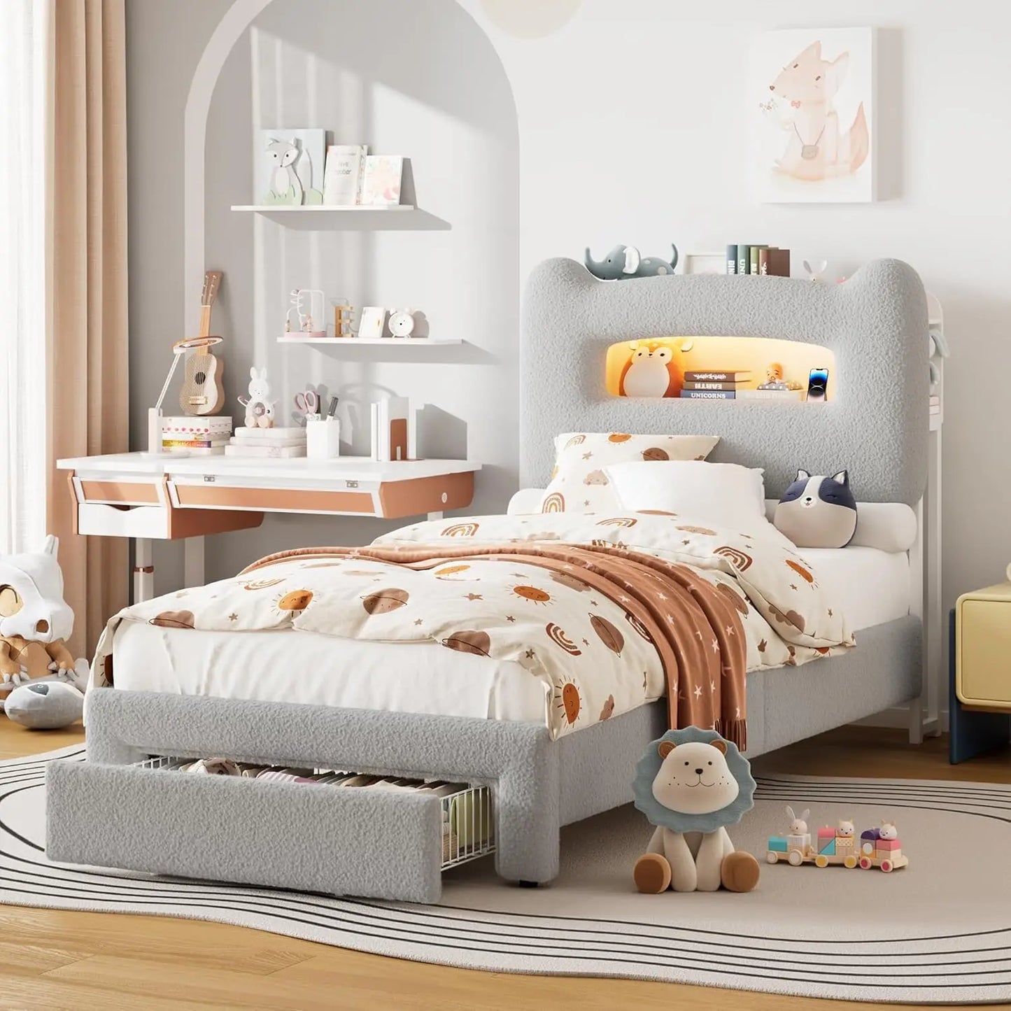 Upholstered Full Bed Frame with 2-Tier Storage Headboard, LED Platform Bed with Charging Station and Drawer for Kids/Girls/Boys,