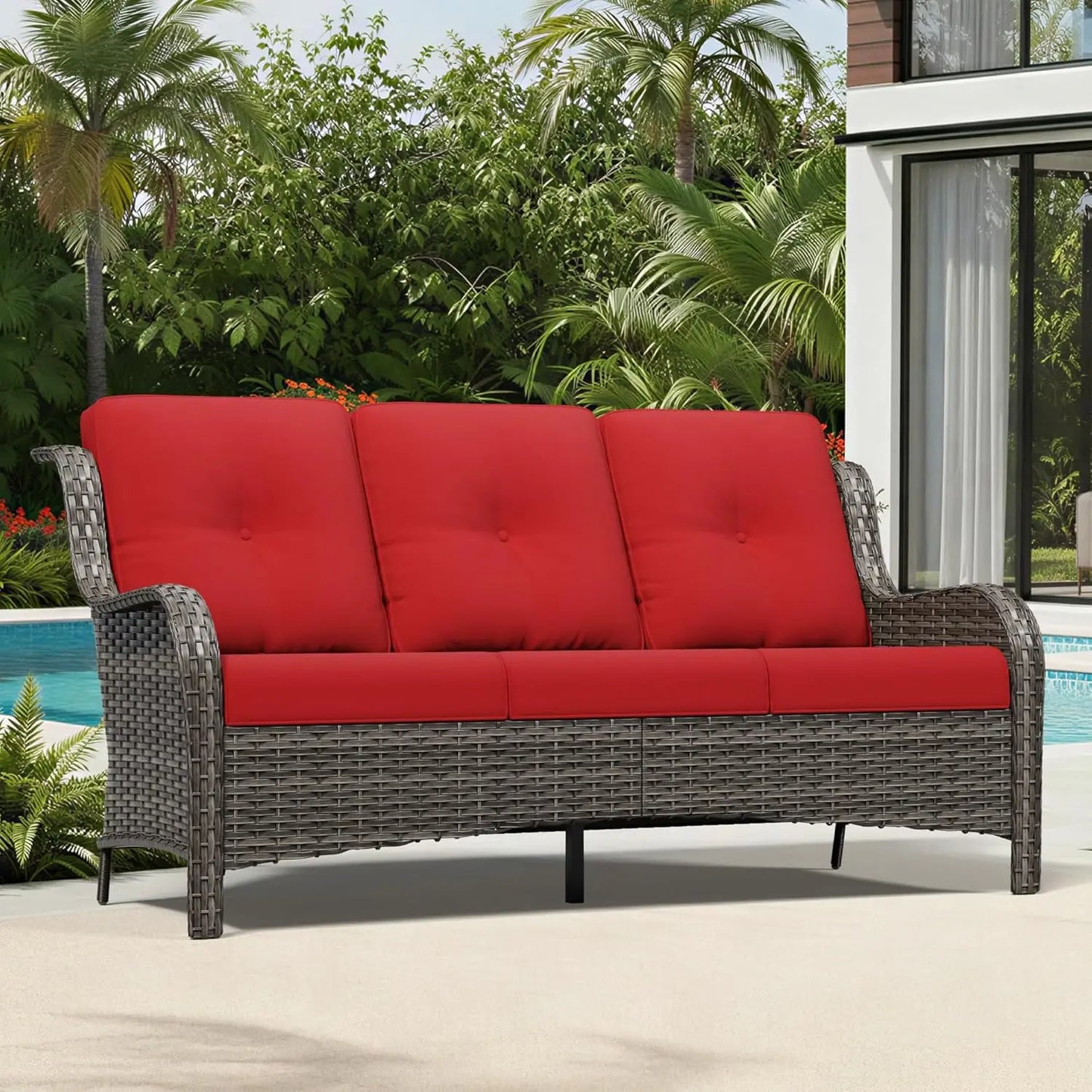Outdoor Patio Wicker Sofa With Deep Cushions And Durable Frame