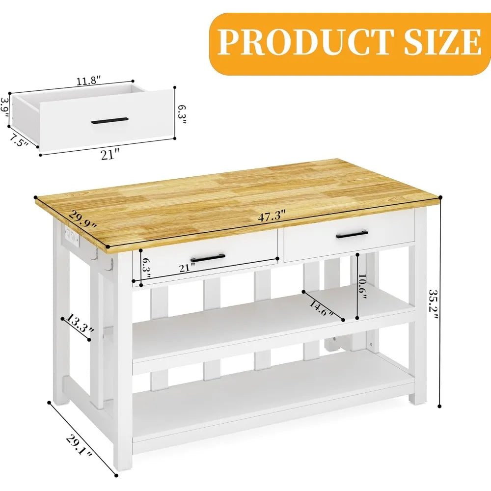 DAFIFY Solid Rubberwood Kitchen Island With Power Outlets