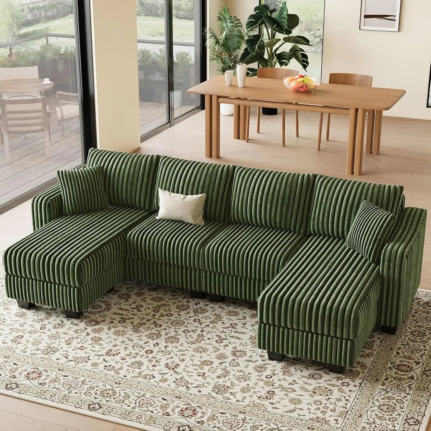 U Shape Reversible Sectional Sofa With Ottoman Corduroy Living Room