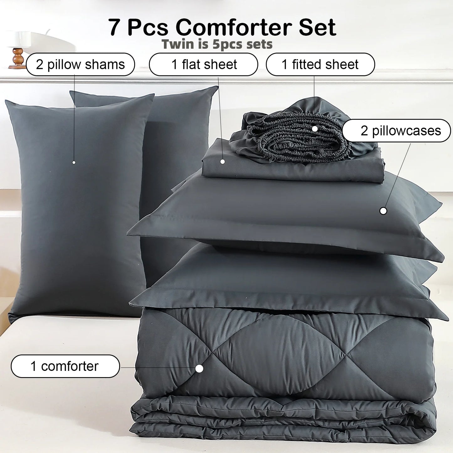 EasYum 7 Piece Bedding Set Quilted Comforter Flat Sheet Fitted Pillowcases