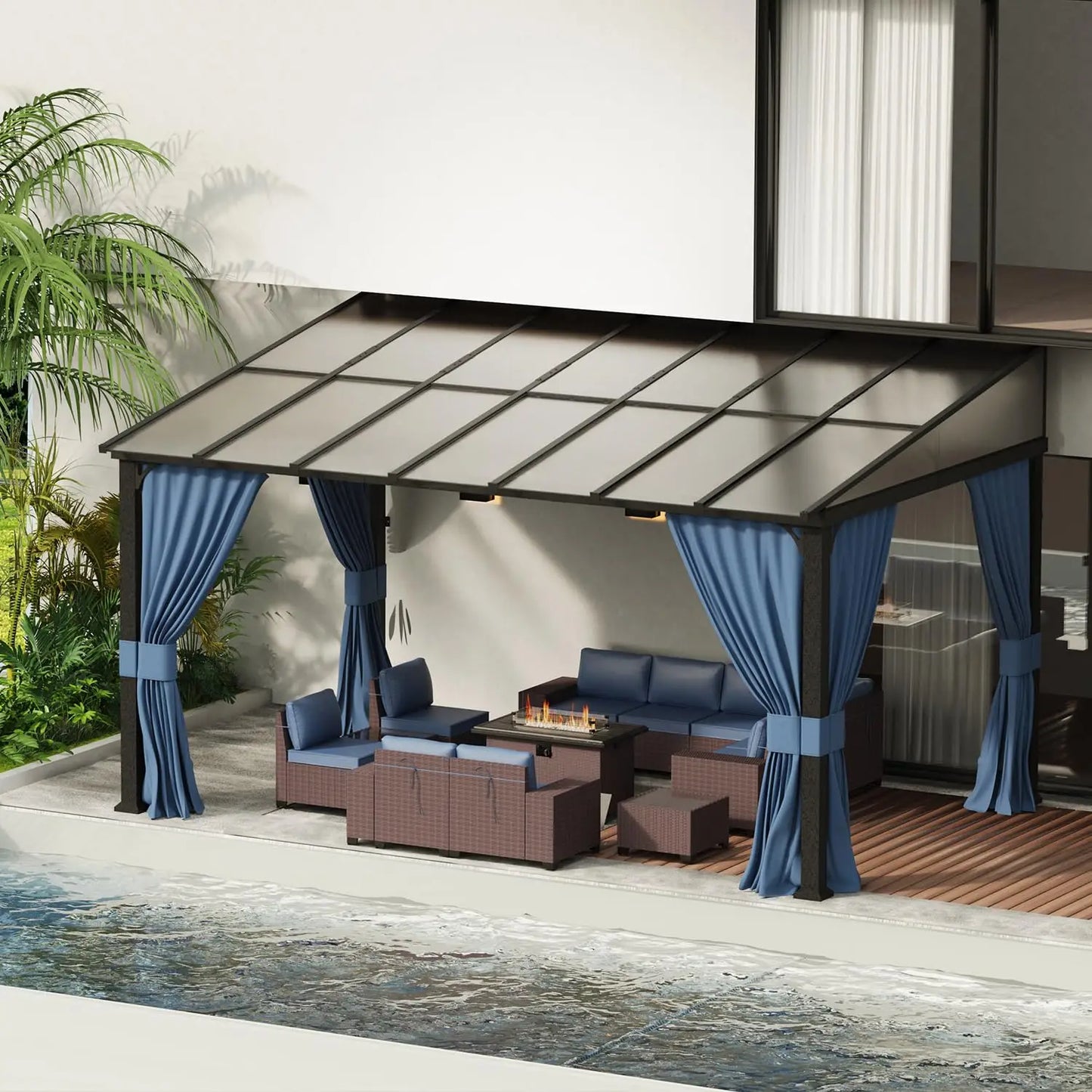 DUOFU Wall Mounted Gazebo Hardtop Metal Frame With Curtains Patio