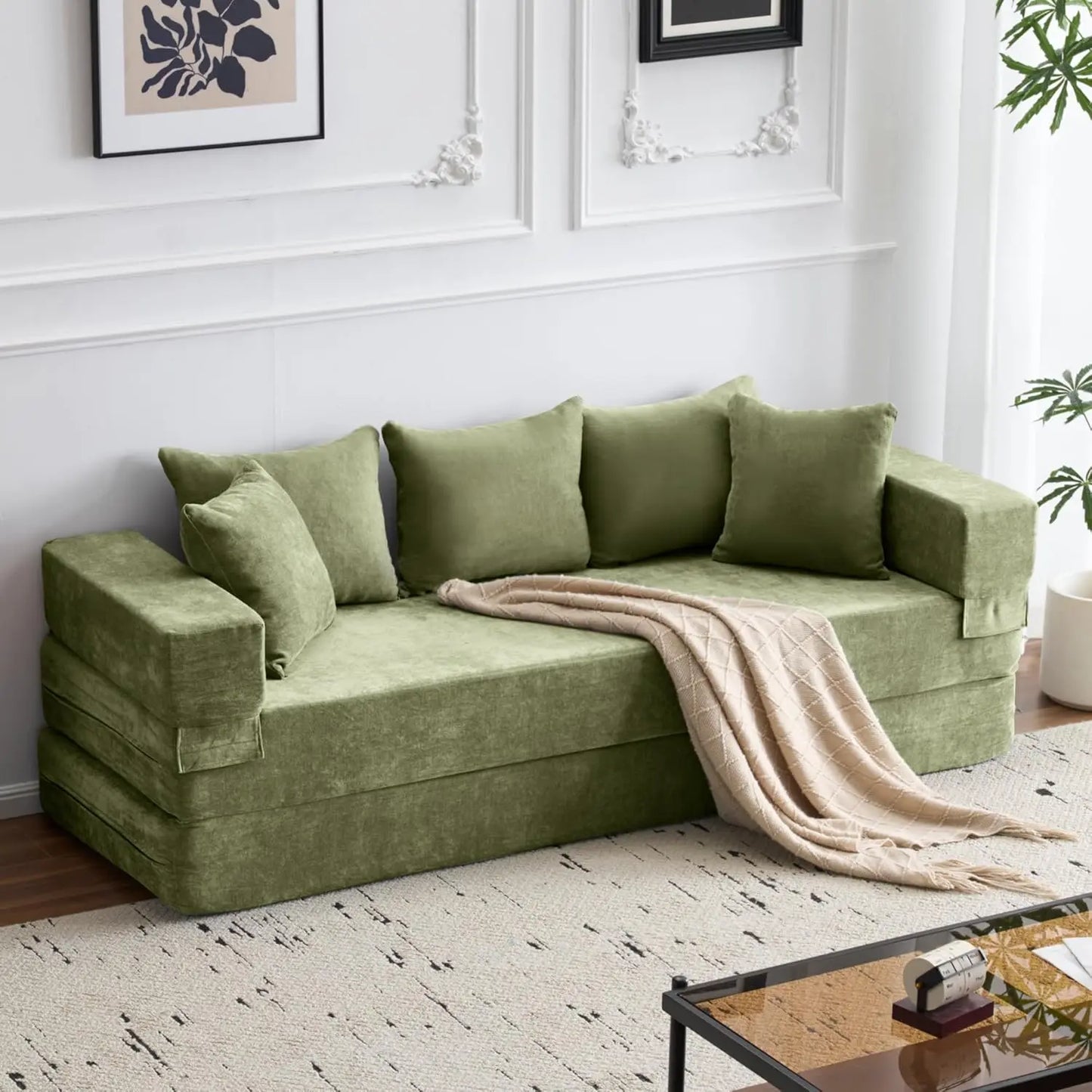 4-In-1 Convertible Sofa Bed Chenille Sleeper Couch With Armrest