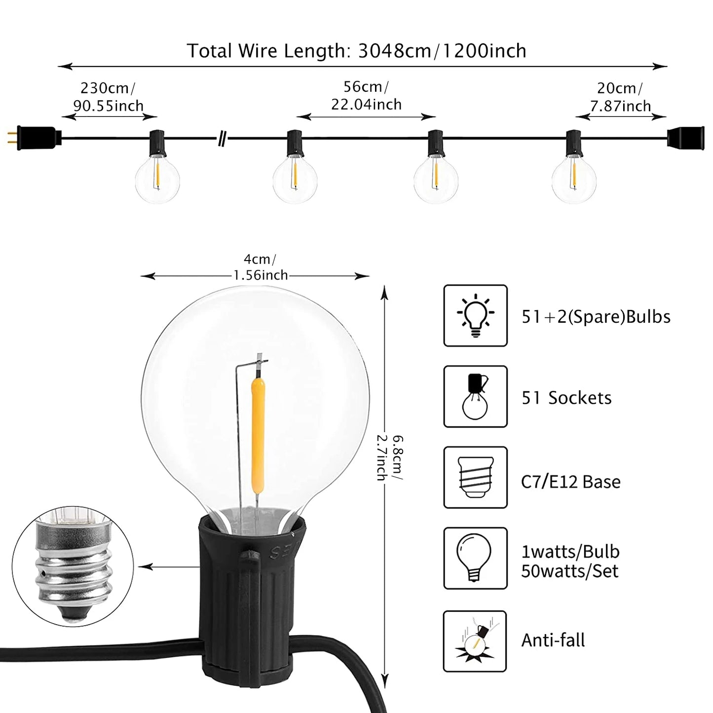 Aiopp LED Globe String Lights Outdoor With US Plug Plastic Shatterproof Bulbs