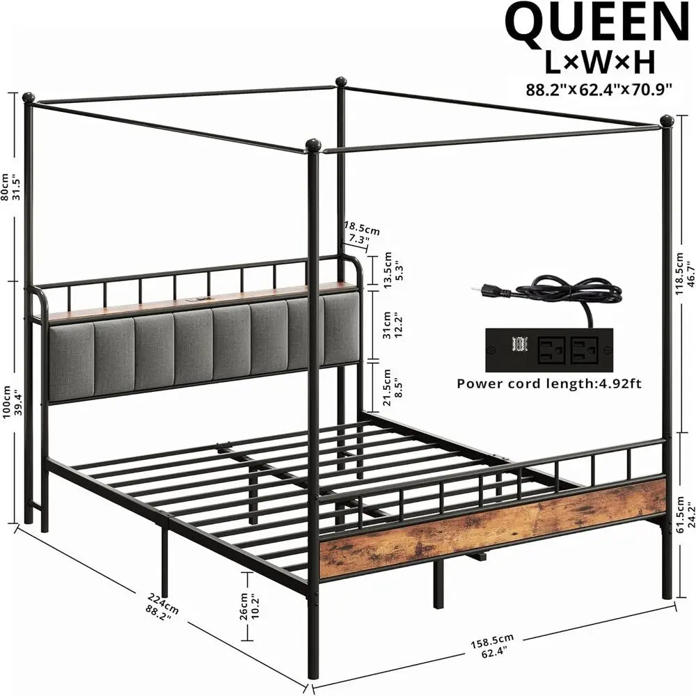 LIKIMIO Canopy Bed Frame With Storage Headboard And Charging Station