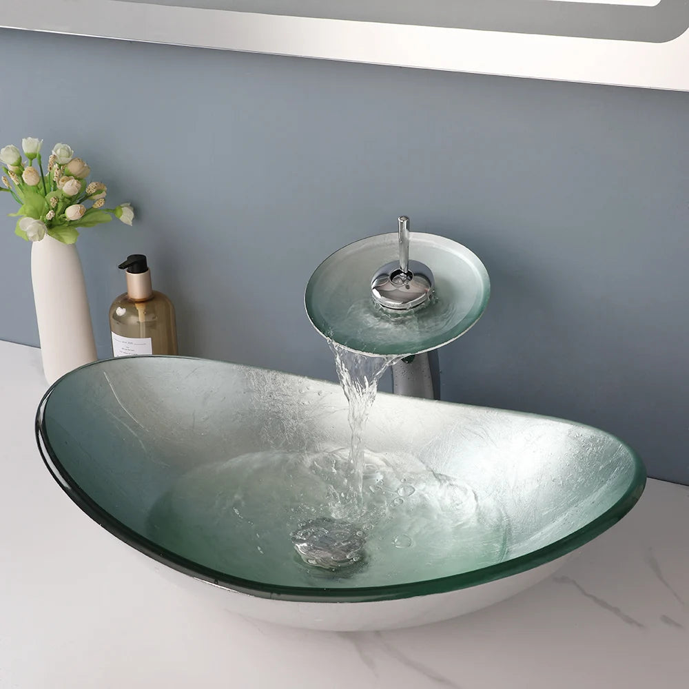 KEMAIDI Bathroom Sink Countertop Basin Sink Tempered Glass Washbasin with Waterfall Faucet Mixer for Washroom Vessel Vanity Bar