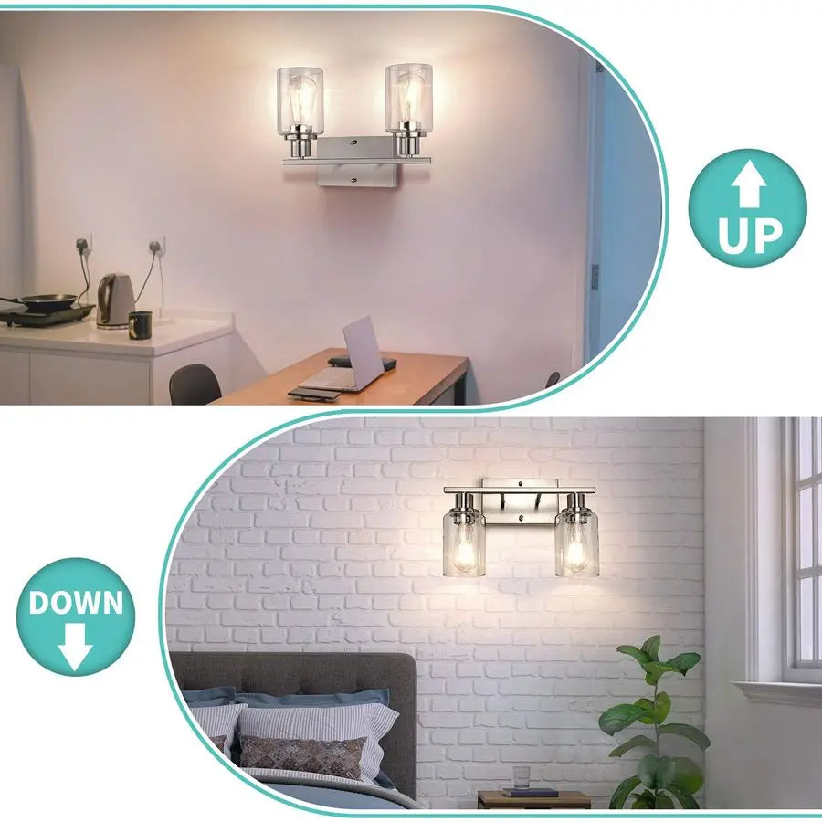 Two Light Bathroom Vanity Lights With Clear Glass Shades Over Mirror