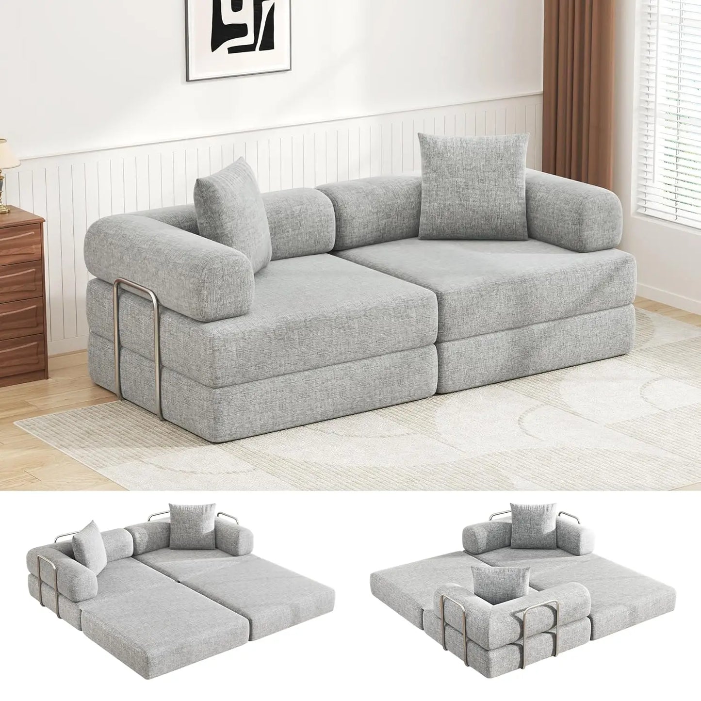 Foldable Convertible Sofa Bed With Foam Cushions And Fixed Frame