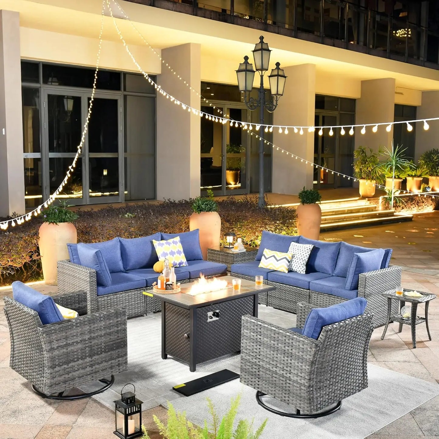 11 Piece Outdoor Patio Furniture Set with Fire Pit Table,Conversation Sectional Wicker Couch with Swivel Chairs,