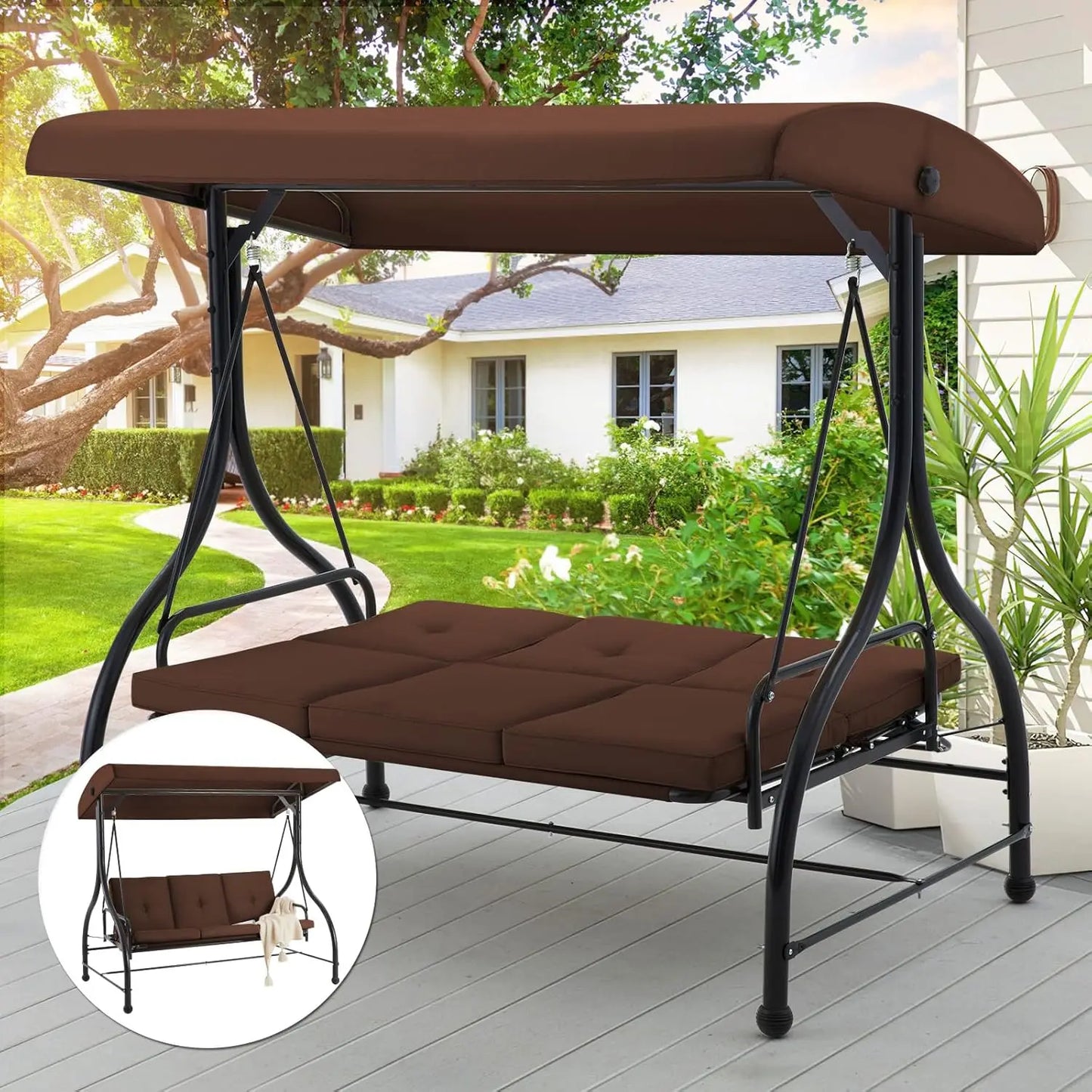 Outdoor Patio Swing Chair 3 Seat Canopy With Adjustable Backrest