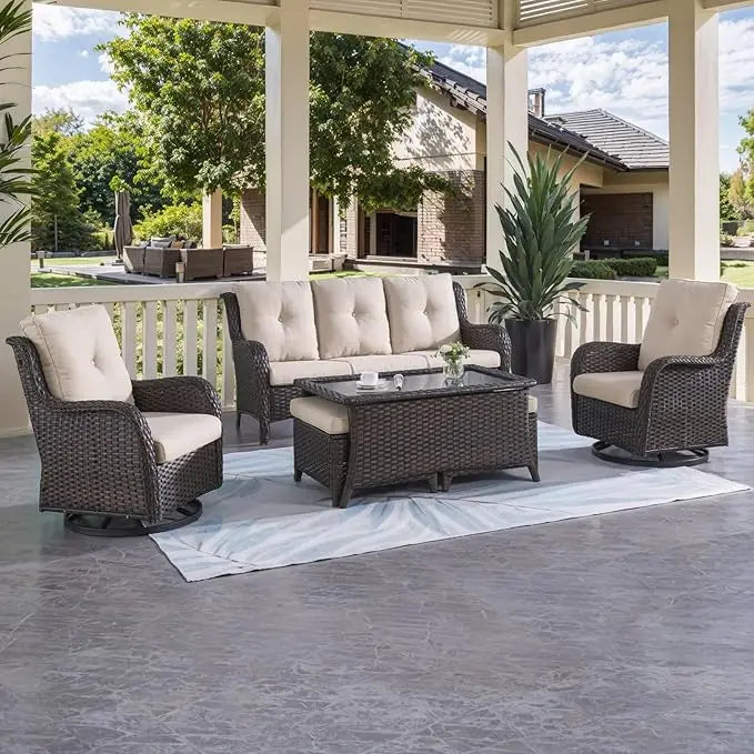 Patio Furniture 6 Pieces Set, with Swivel Rocking Chairs,Patio Ottomans,Patio Coffee Table, Wicker Outdoor Sectional Sofa