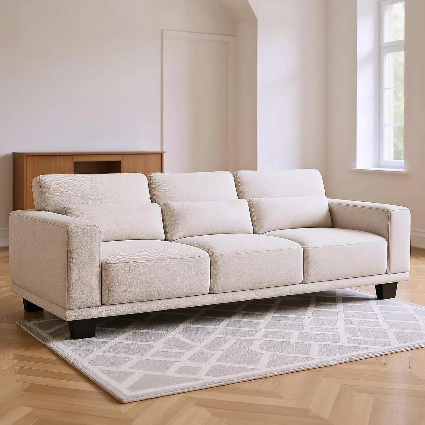 Modern 3 Seat Sofa Linen Upholstered Couch For Living Room