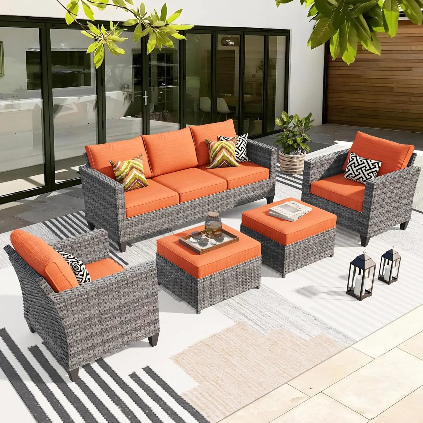 Patio Furniture Set, 5 Pieces Outdoor Wicker Sofa Couch With Chairs, Ottomans And Comfy Cushions, All Weather High, Customized