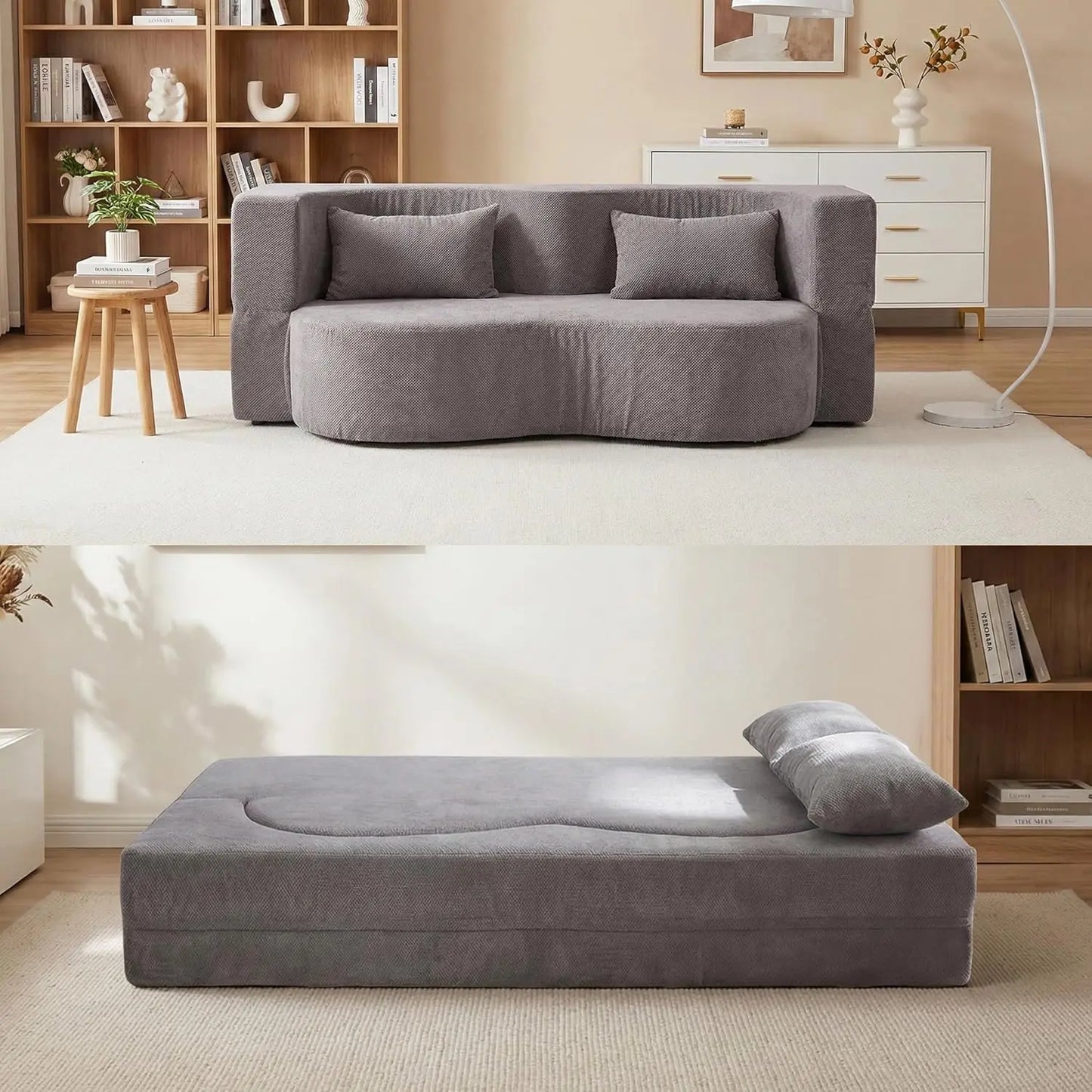 Convertible Sofa Bed 2 In 1 Teddy Fabric Folding Floor Couch Mattress