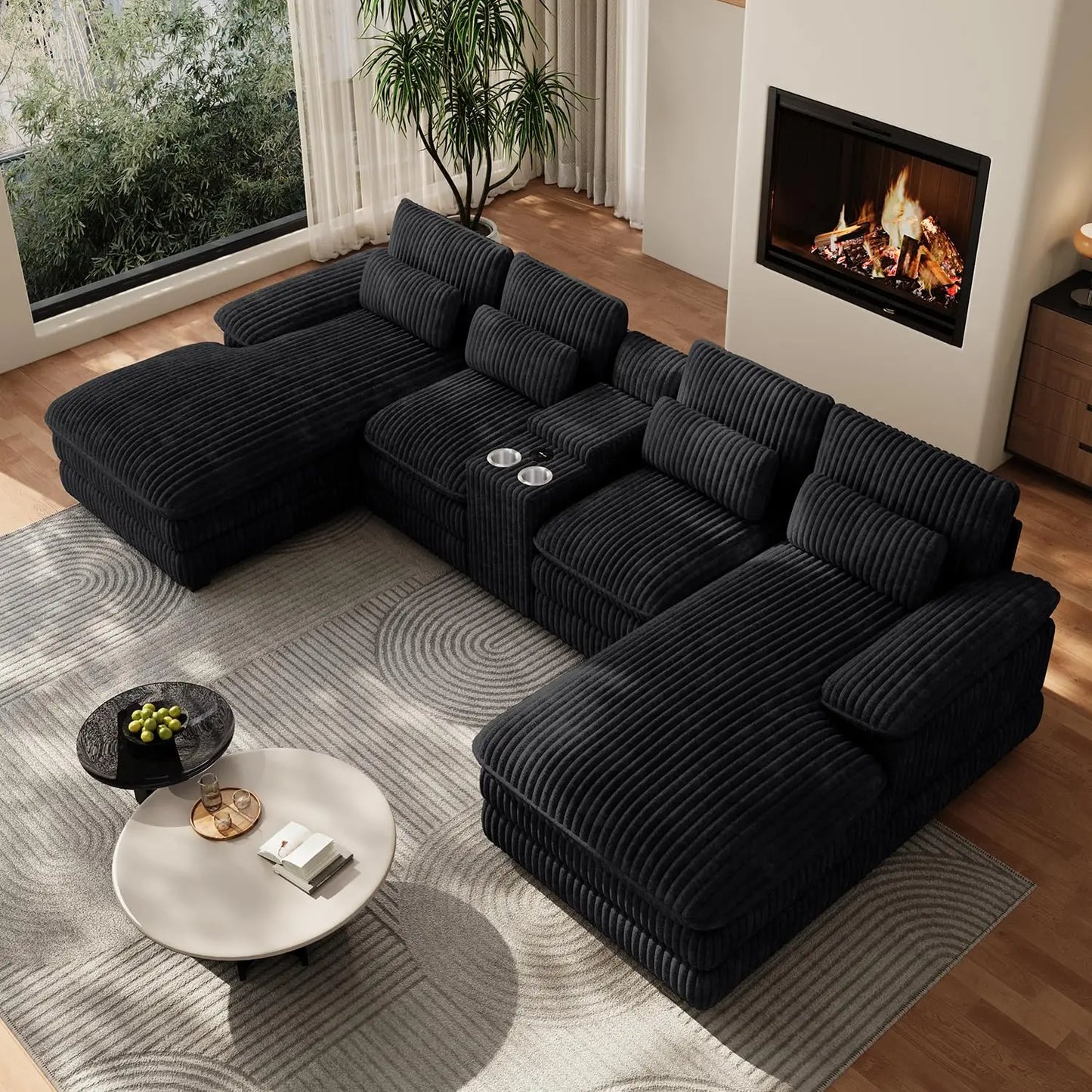 U Shaped Modular Sectional Sofa Chenille With Double Chaise Storage Console USB