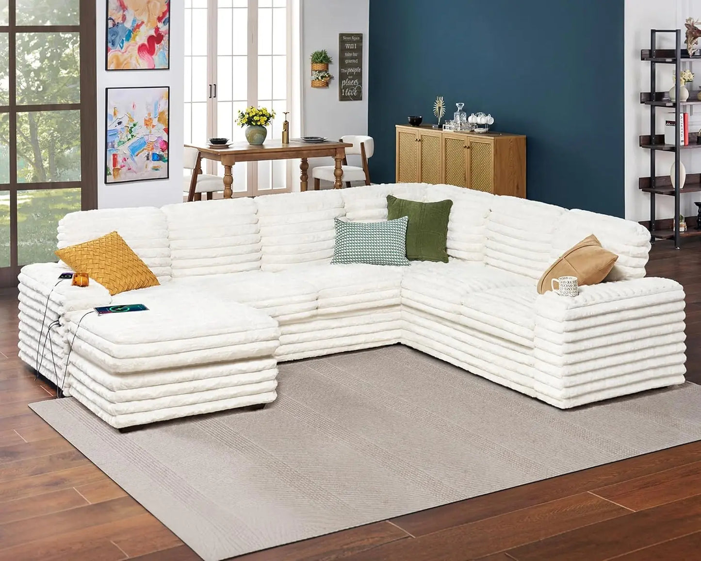U Shaped Couch Sofa With Storage Chaise And USB Ports