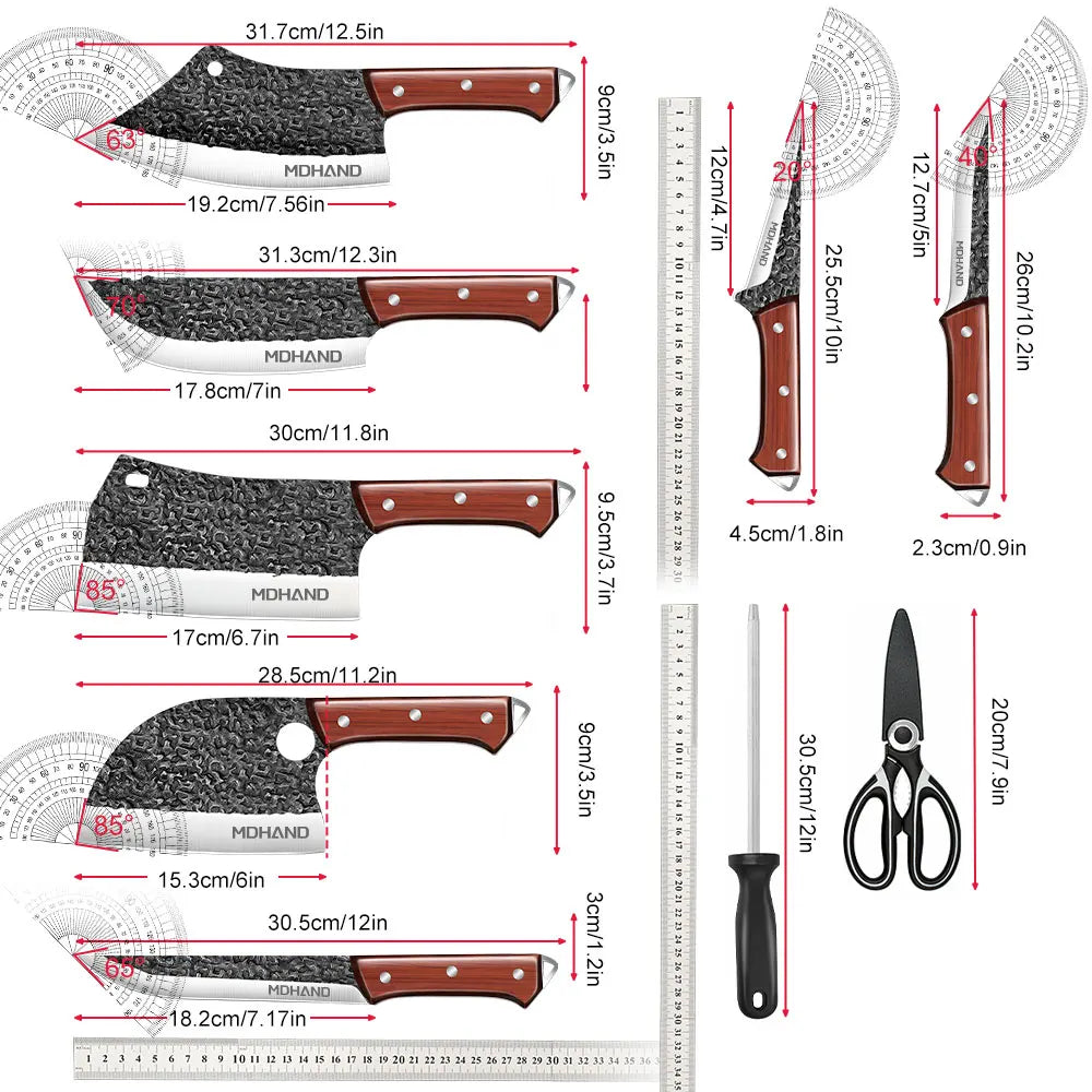 ZENG 14pcs Kitchen Knives Set Cleaver Meat Cut Steak Fillet Fish Knife Butcher Boning Hand Forged Blade with Sharpener