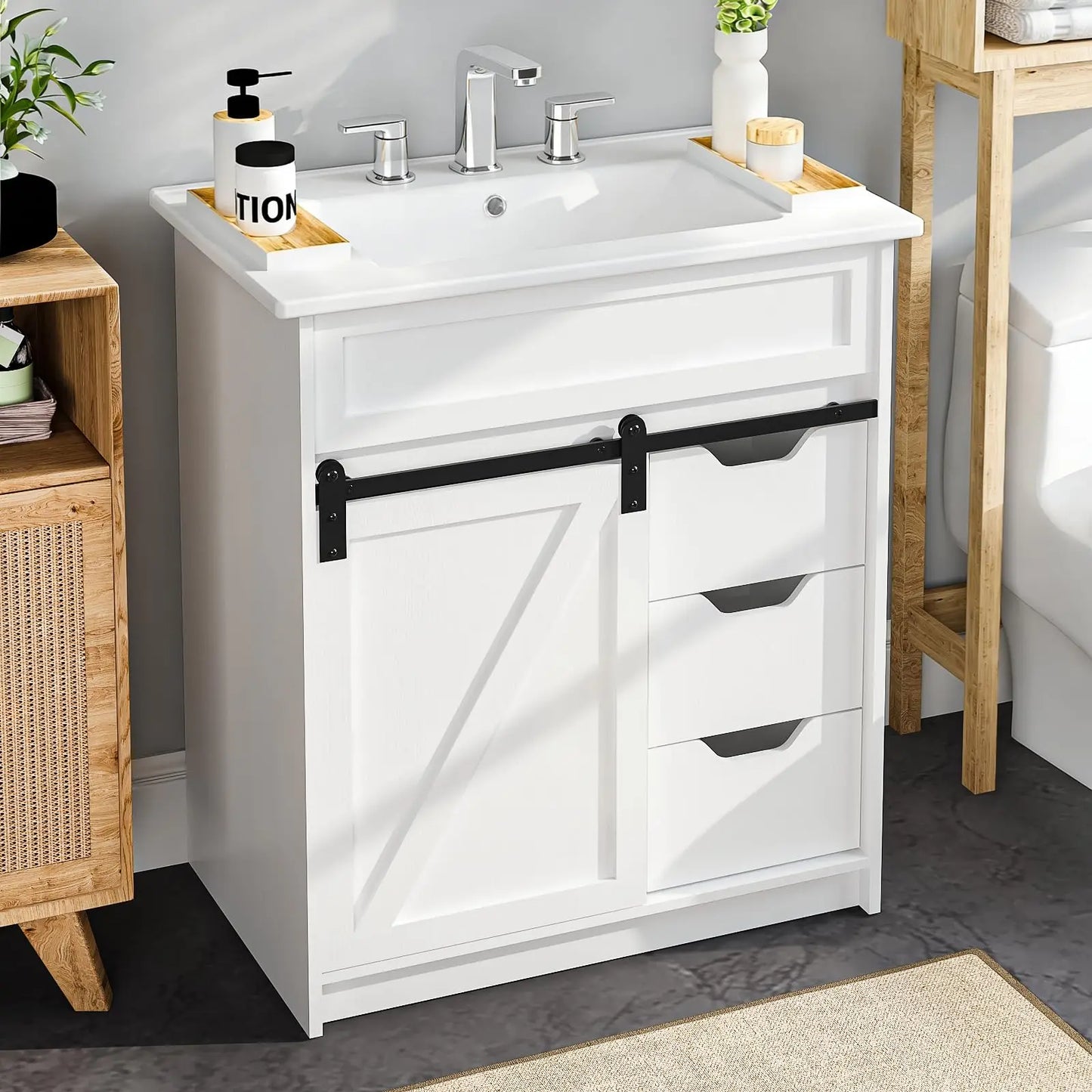 Farmhouse Bathroom Vanity Set With Sliding Barn Door And Drawers
