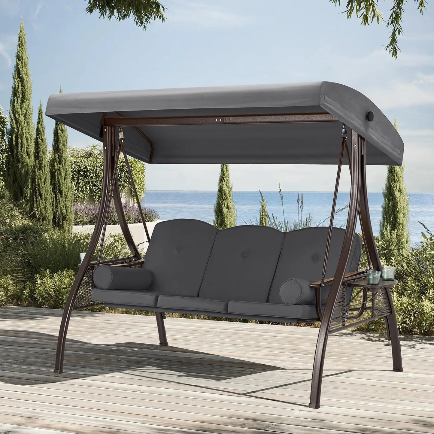 Three Seat Patio Swing With Adjustable Canopy Backrest Cup Holder