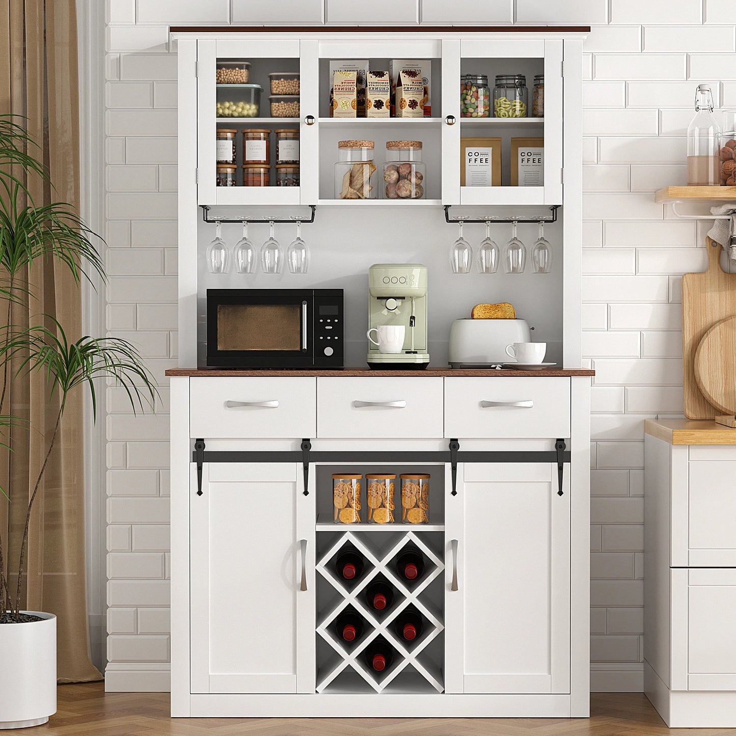 VOWNER Farmhouse Bar Cabinet With Sliding Barn Doors Kitchen Pantry