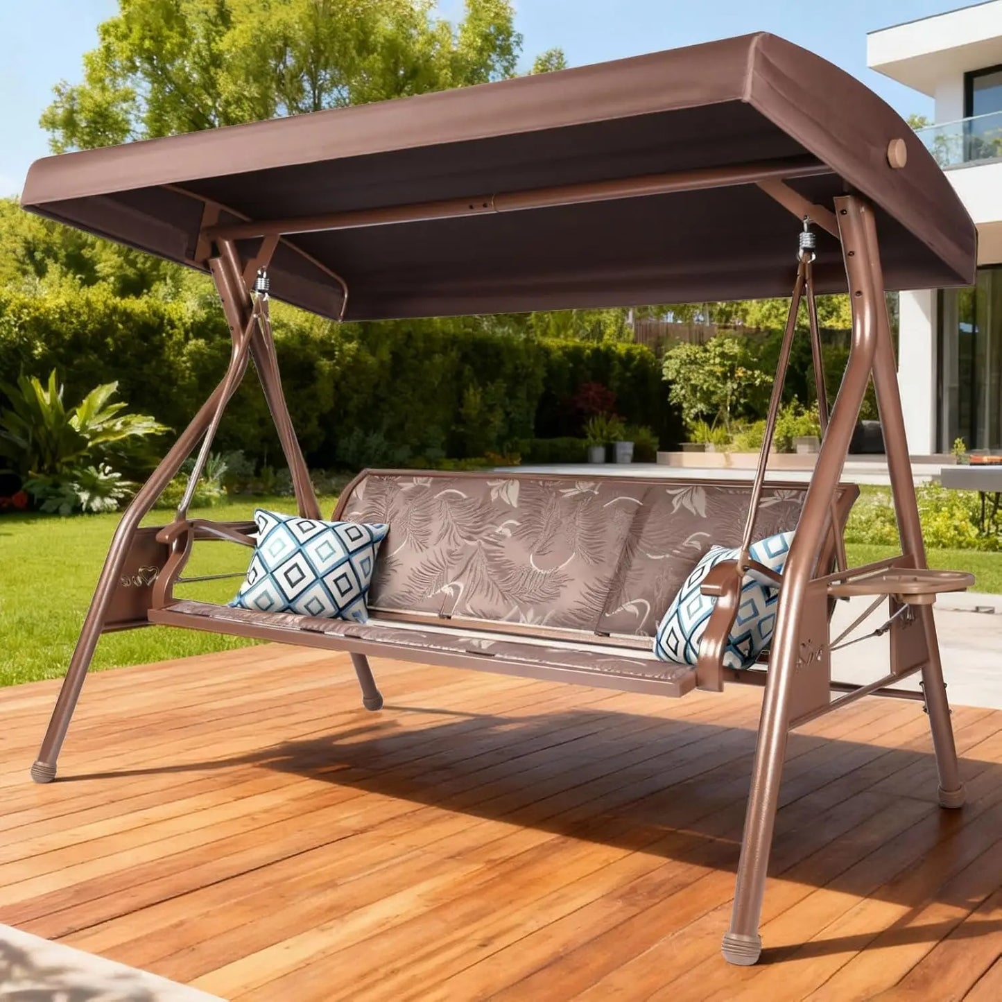Three-Seat Patio Swing Chair With Adjustable Canopy Textilene Cup Holders
