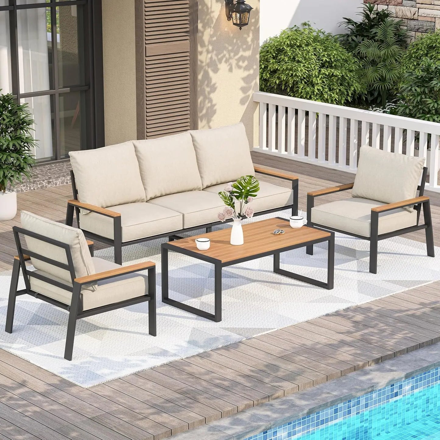 Metal Patio Furniture Set, 6 Pieces Outdoor Sectional Sofa Set with Side Table, L Shape Patio Conversation Set with, Customized