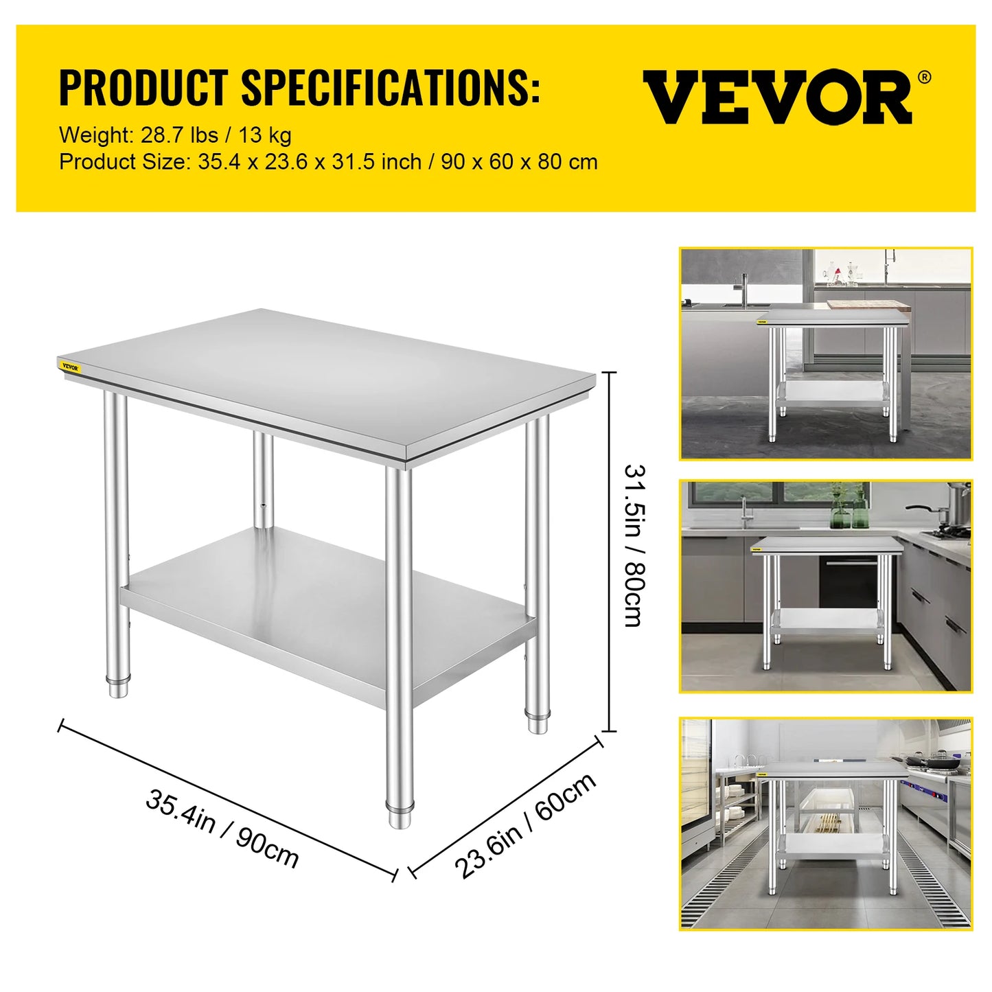 Stainless Steel Kitchen Work Bench With Undershelf 330 LBS Capacity