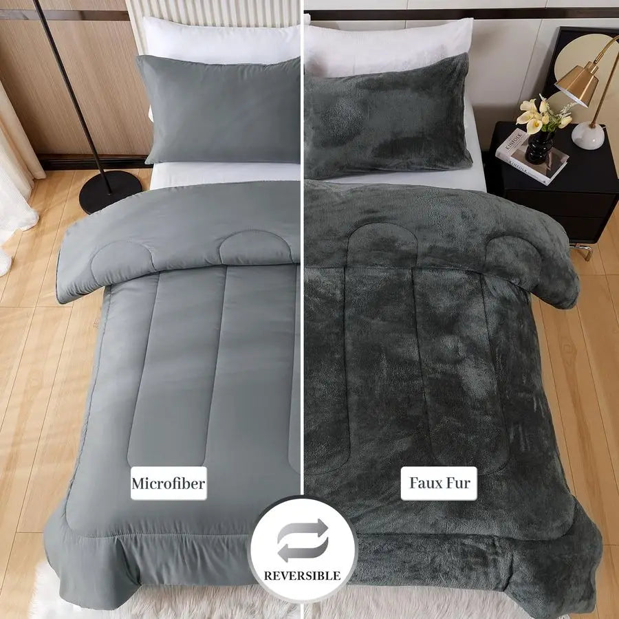 Faux Fur Comforter Set Plush Ultra Soft Bedding For Winter