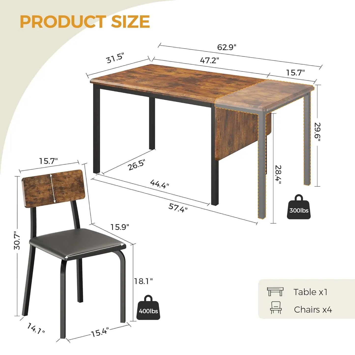 Rustic 5-Piece Dining Table Set With Upholstered Chairs