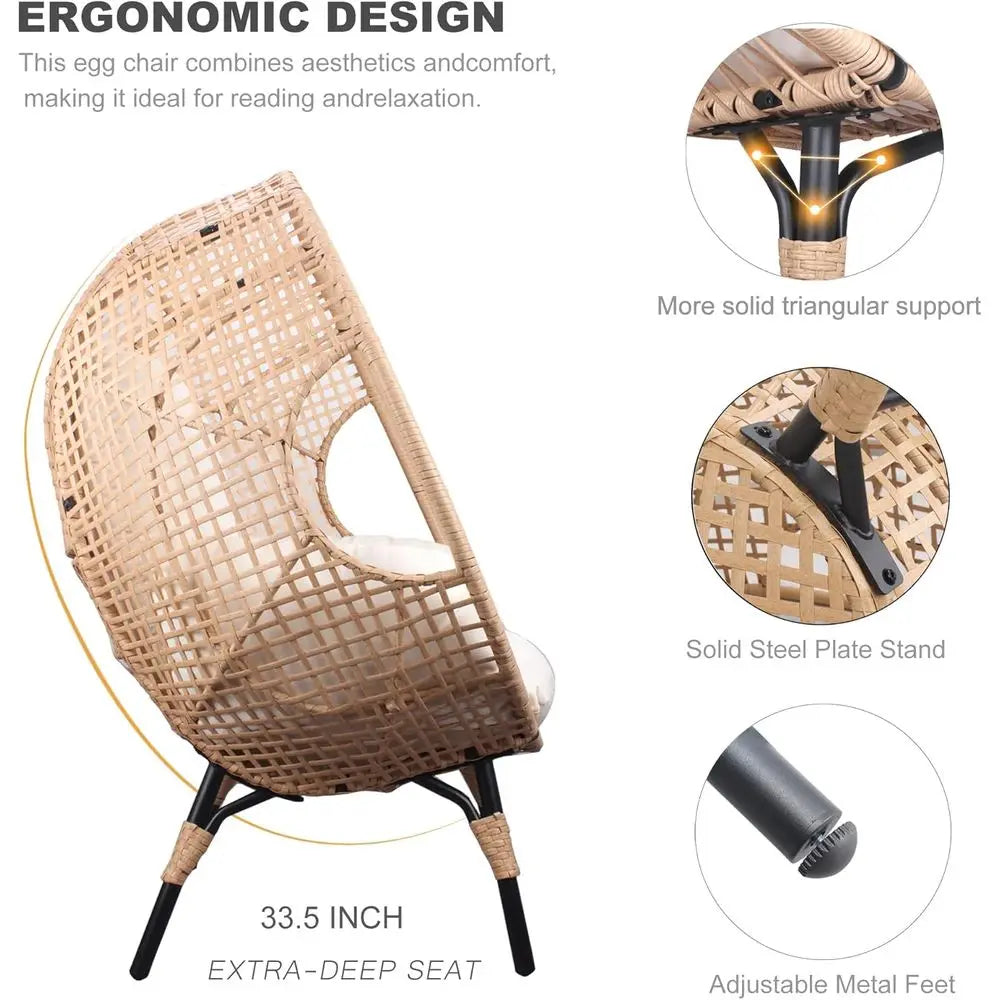 Double Set Indoor/Outdoor Wicker Egg Chairs with Cushion for Patio, Living Room, Balcony, or Backyard (Beige-Grid)