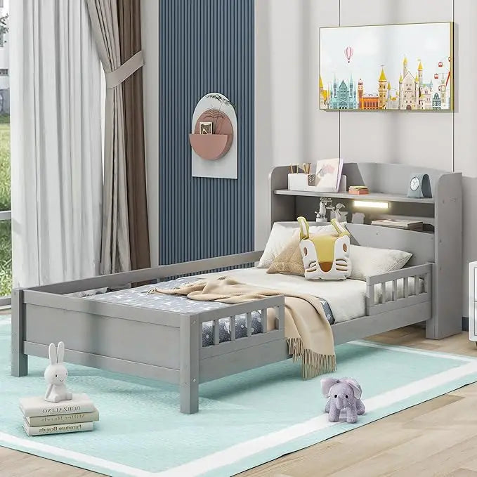 Kids Twin Bed with Guardrails, Low Platform Bed with Headboard and Footboard, Pink Children Bed Frame with 2 Drawers for Boy Gir