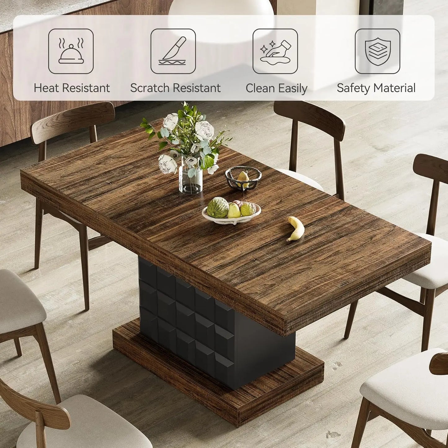 Modern Rectangular Farmhouse Dining Table With Sturdy Wood Pedestal Base