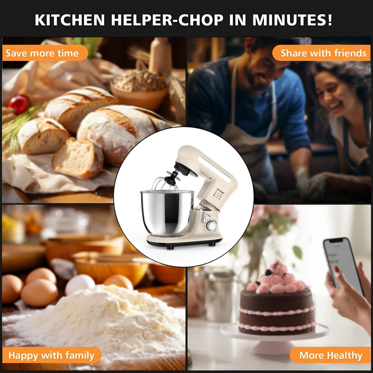 Cheftronic Tilt Head Stand Mixer With Stainless Steel Mixing Bowl