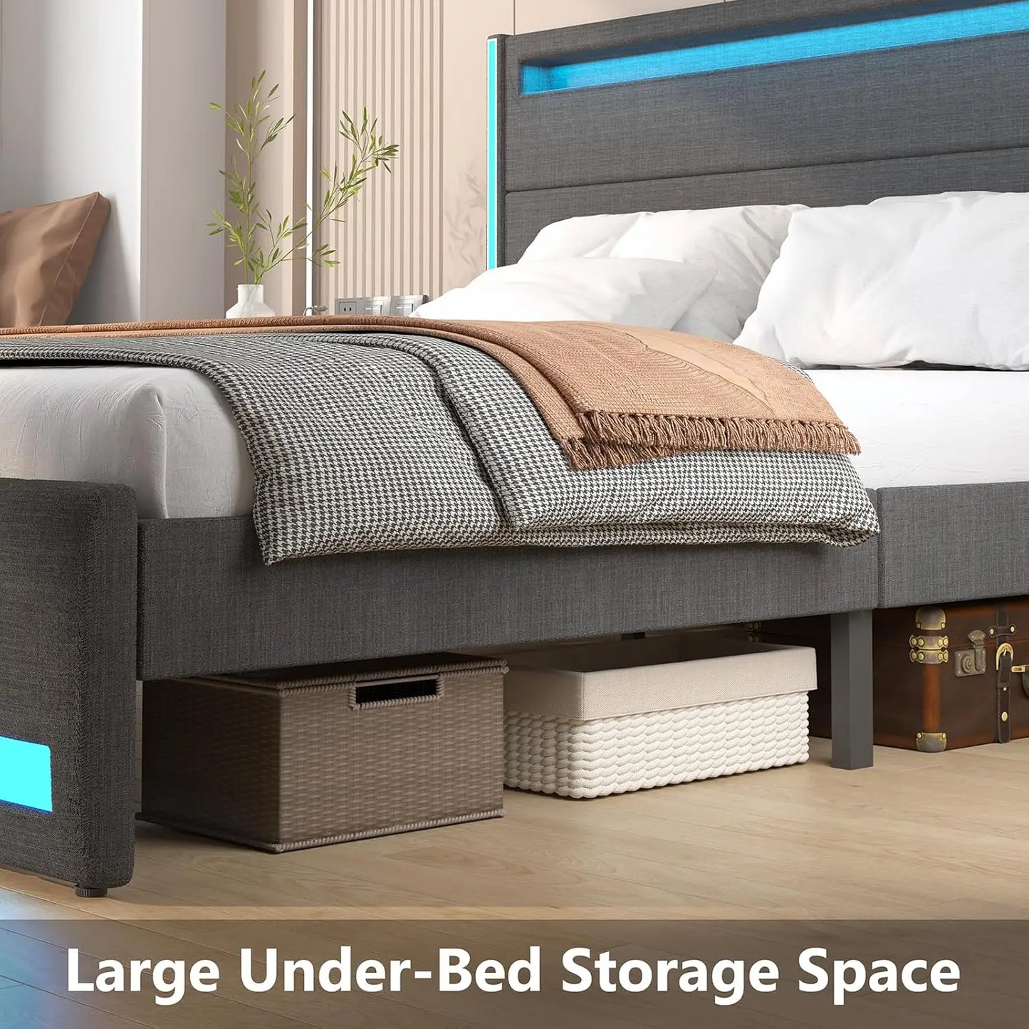 Platform Bed With LED Lights USB Charging And Adjustable Headboard