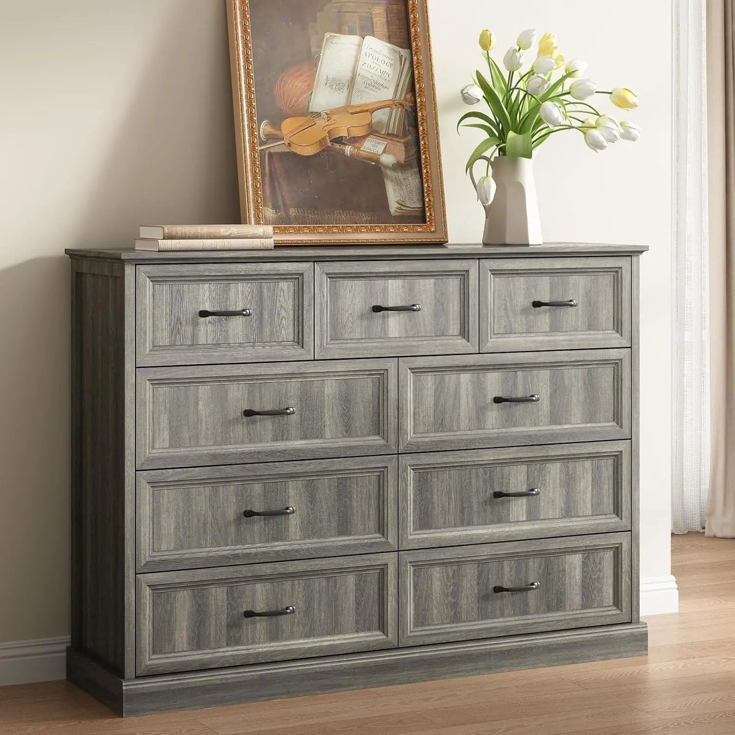 9 Drawer Dresser for Bedroom,with Large Drawers, 55 Inch Wide Modern Walnut Dresser TV Stand