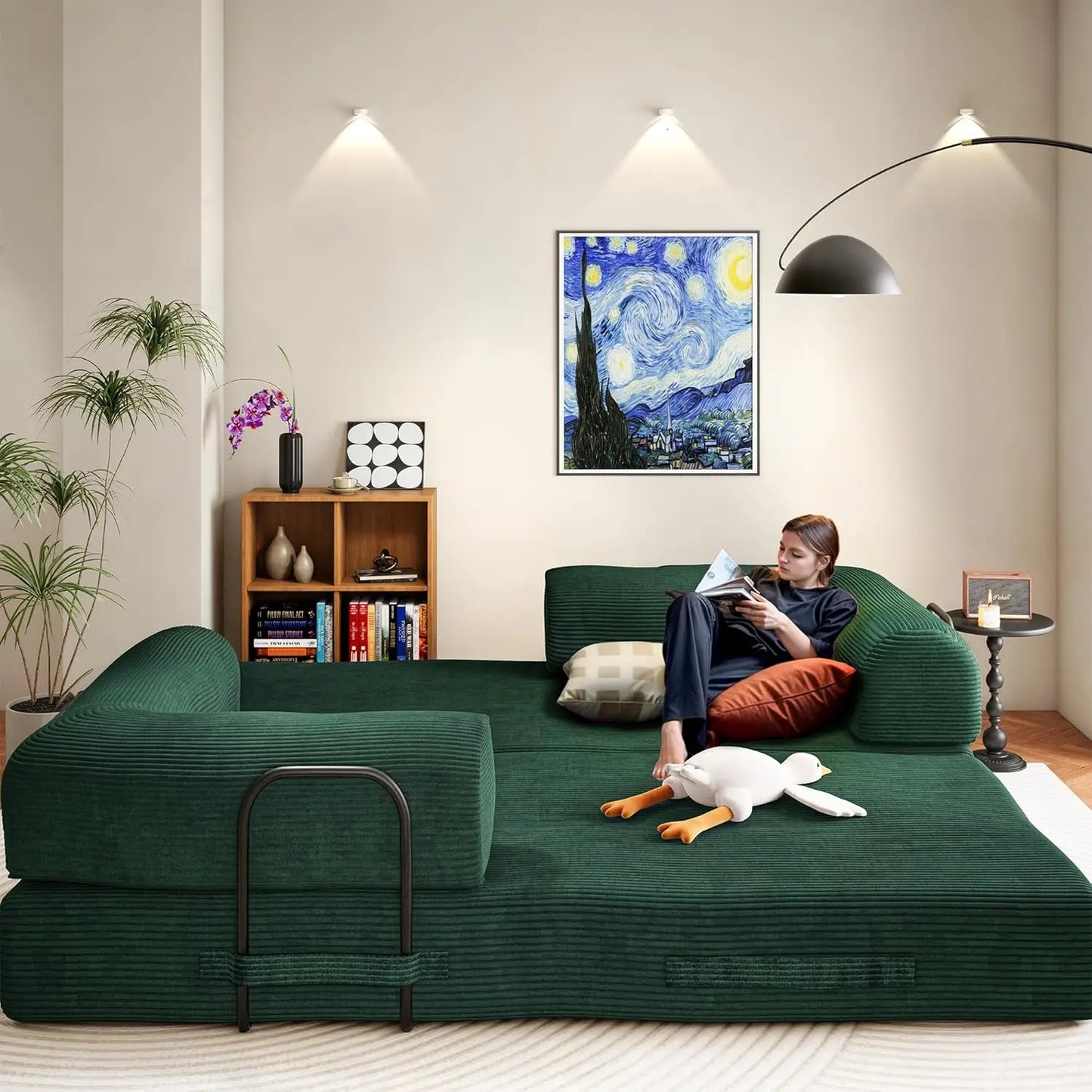 Convertible Sofa Bed Modular Couch With Corduroy Fabric And Memory Foam Sleeper