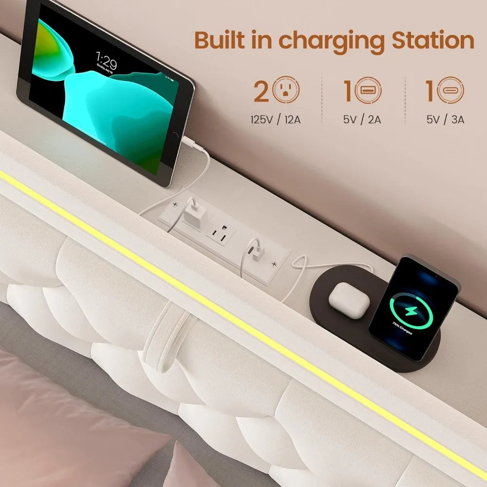 LED Bed Frame With Storage Drawers And Velvet Headboard Charging Station