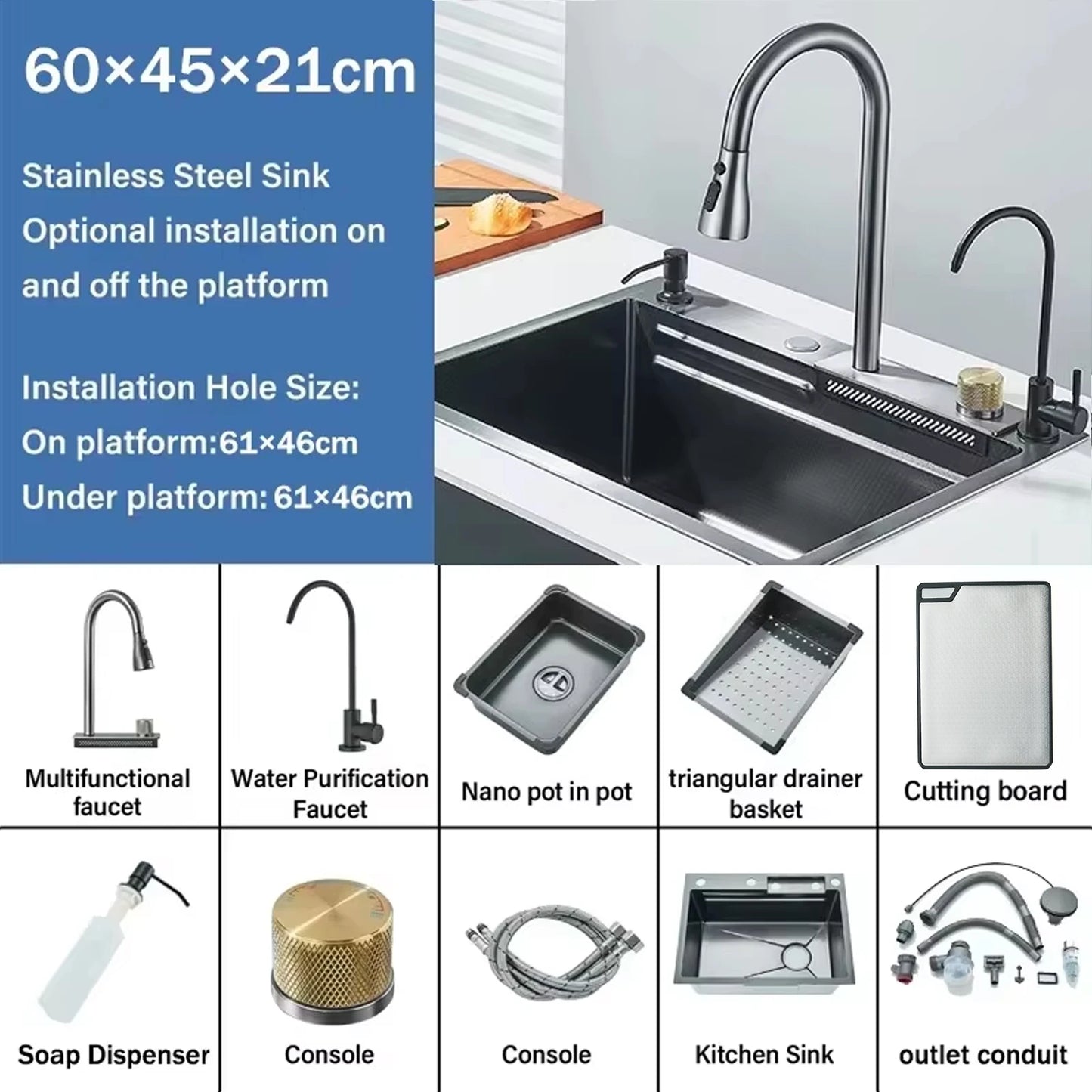 Wanmivezlo 304 Stainless Steel Waterfall Kitchen Sink With Above Counter Basin