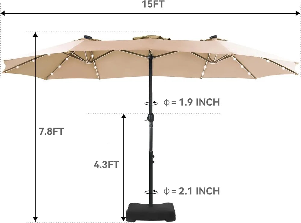 15 ft Rectangle Patio Umbrella with Solar Lights and Base Included, Double-Sided Market Table Umbrella with Crank, Large Outdoor
