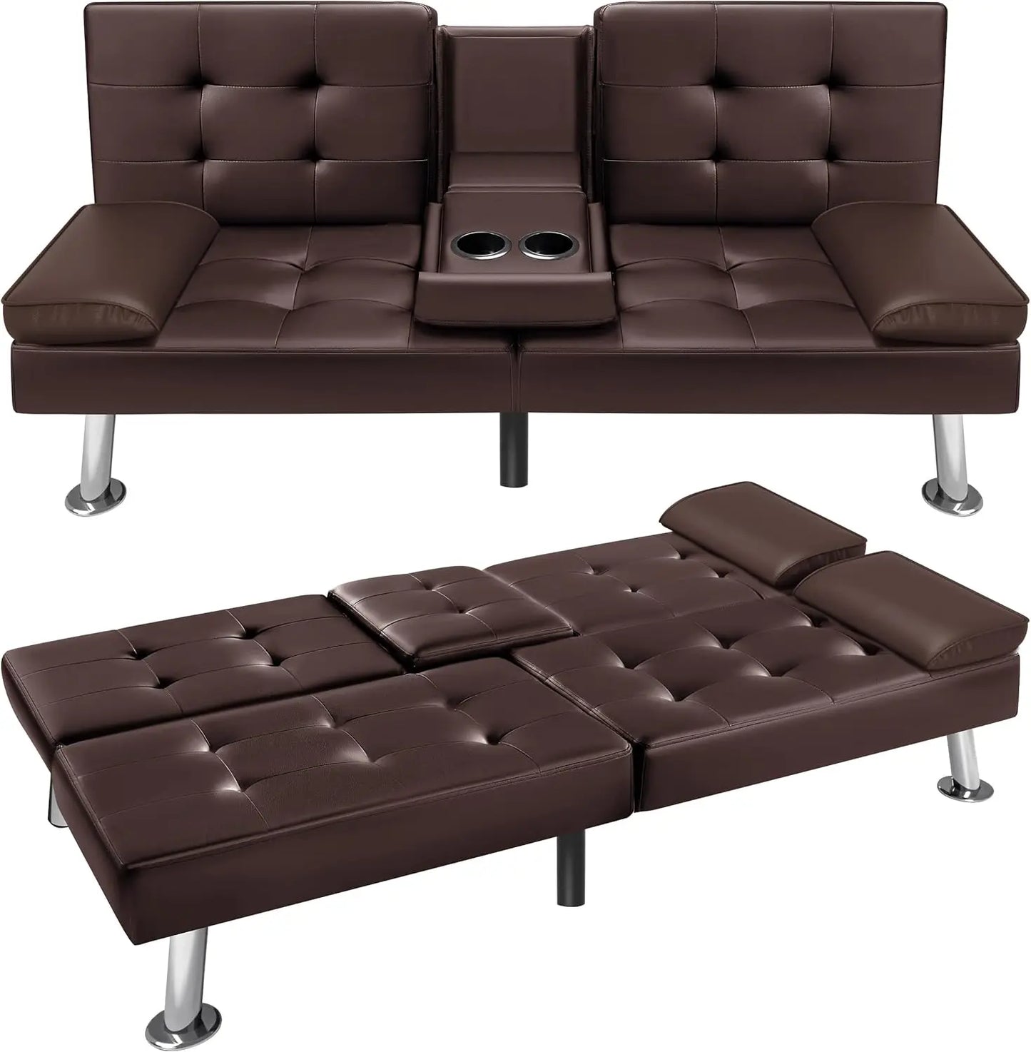 Futon Sofa Bed Faux Leather Couch With Cup Holders