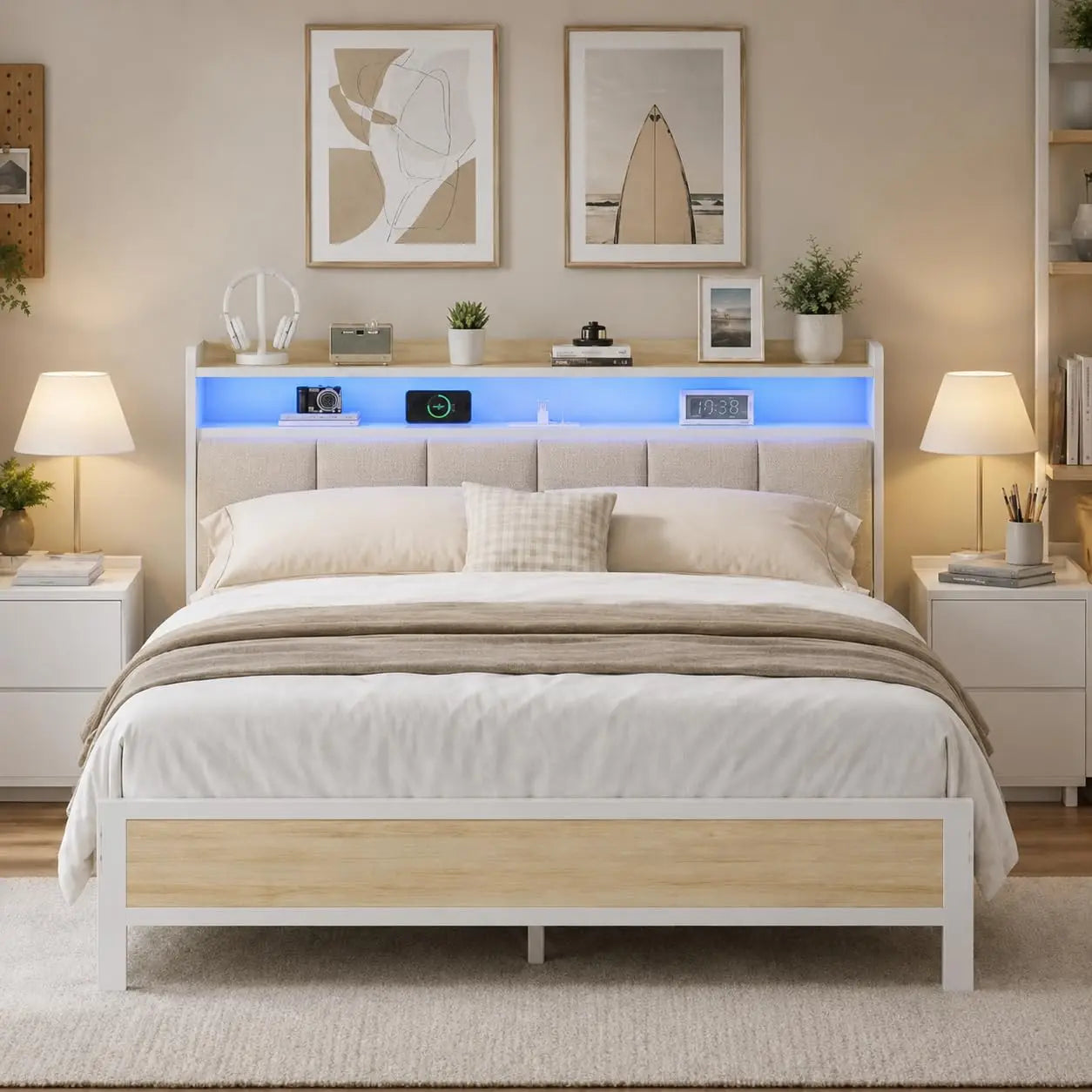 Full Size Metal Bed Frame With LED Lights And Charging