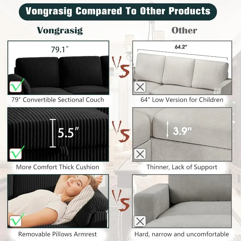 79" Convertible Sectional Couch Sofa with Storage Ottoman, 3 Seat L Shaped Couch with Side Storage Pockage, Linen Fabr