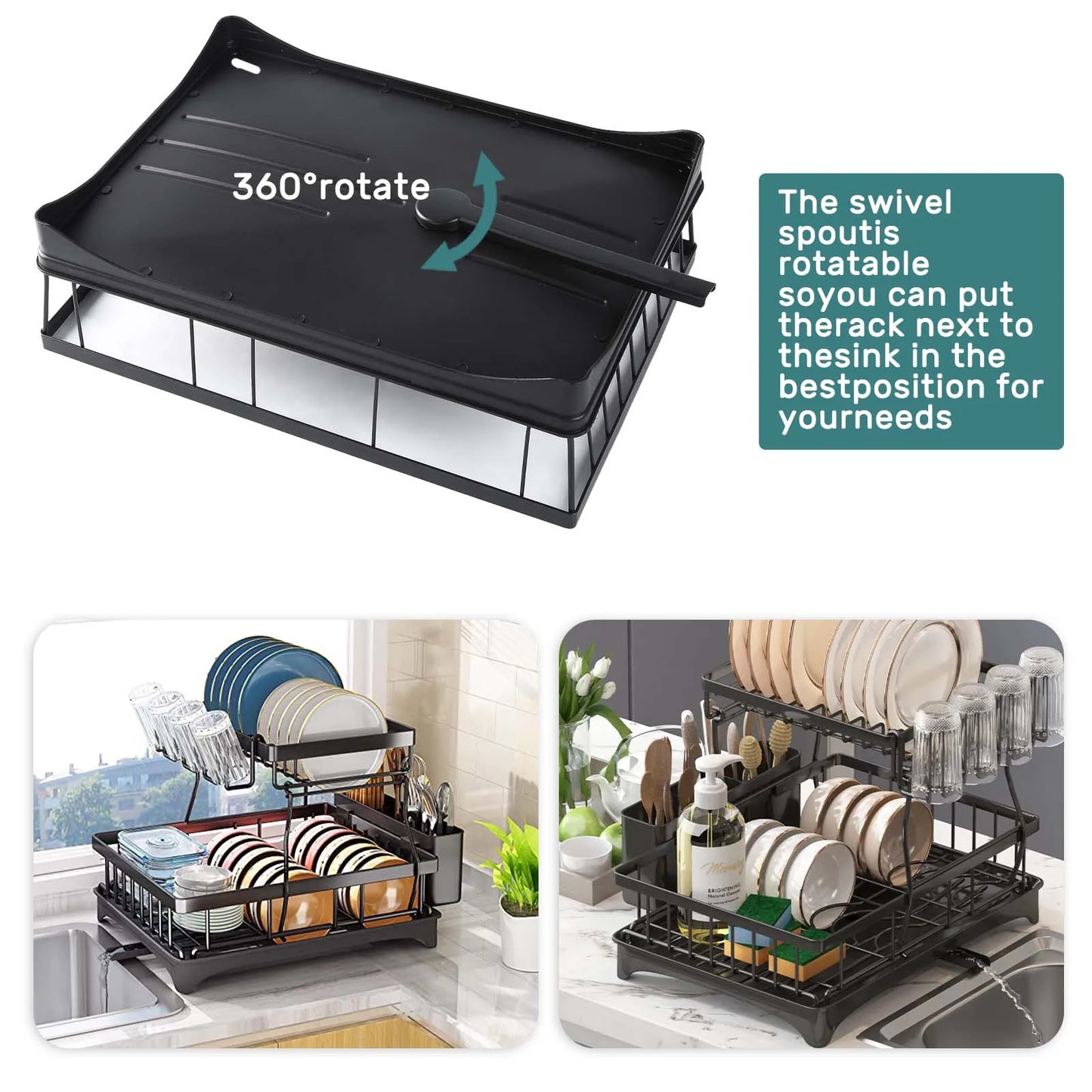 2-Tier Dish Drying Rack For Kitchen Countertops With Removable Tray