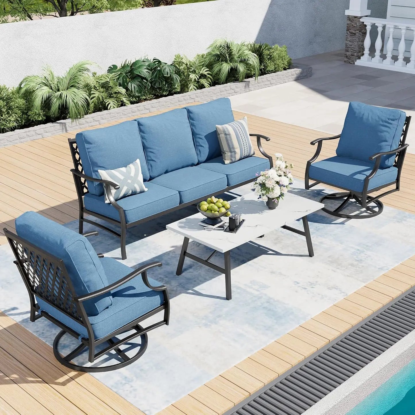 4 Piece Metal Outdoor Patio Furniture Set, Patio Conversation Sets 1 3-seater Sofa, 2 Swivel Chair with 5.75" Extra, Customized