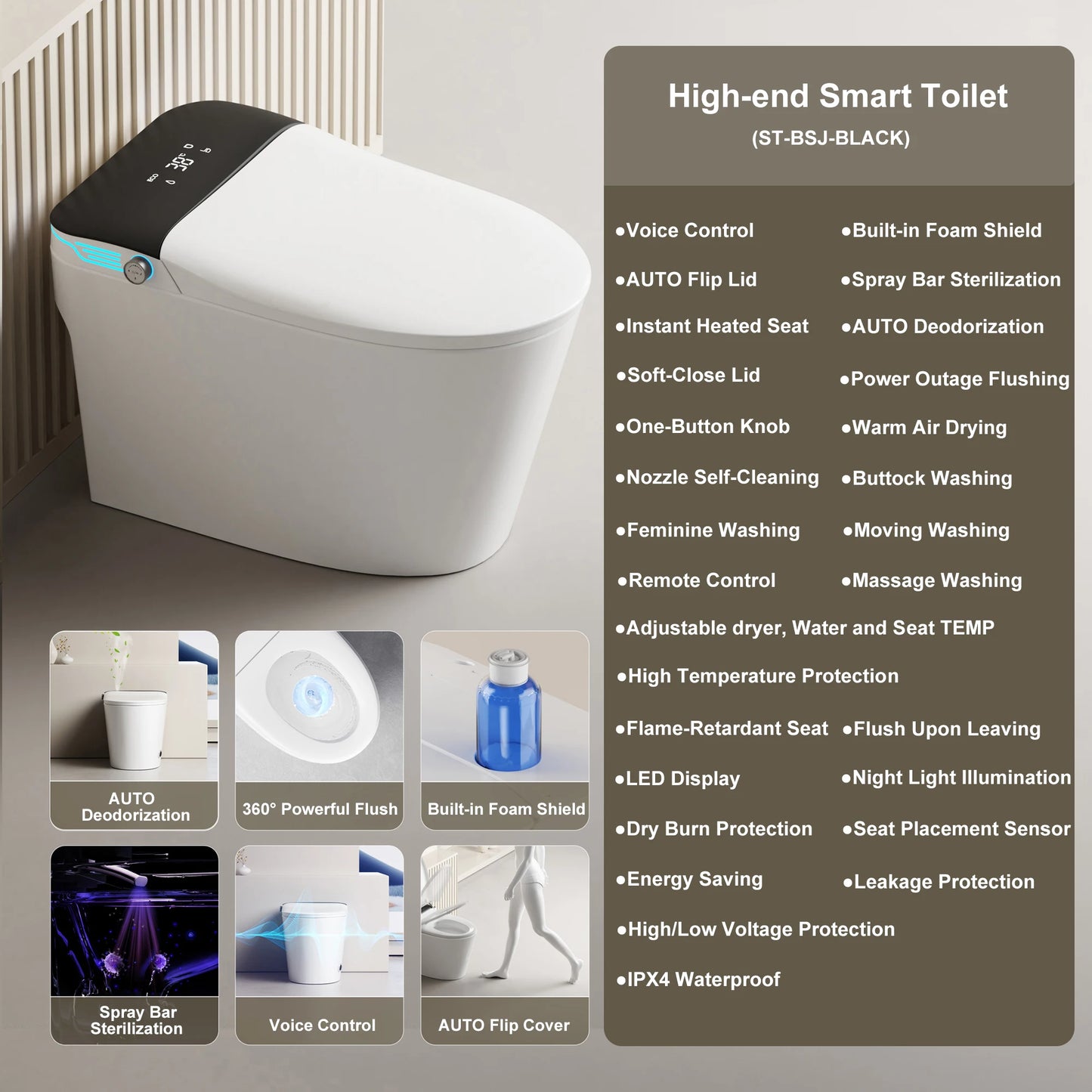Elongated Smart Toilet With Built In Bidet And Foam Dispenser Voice Control
